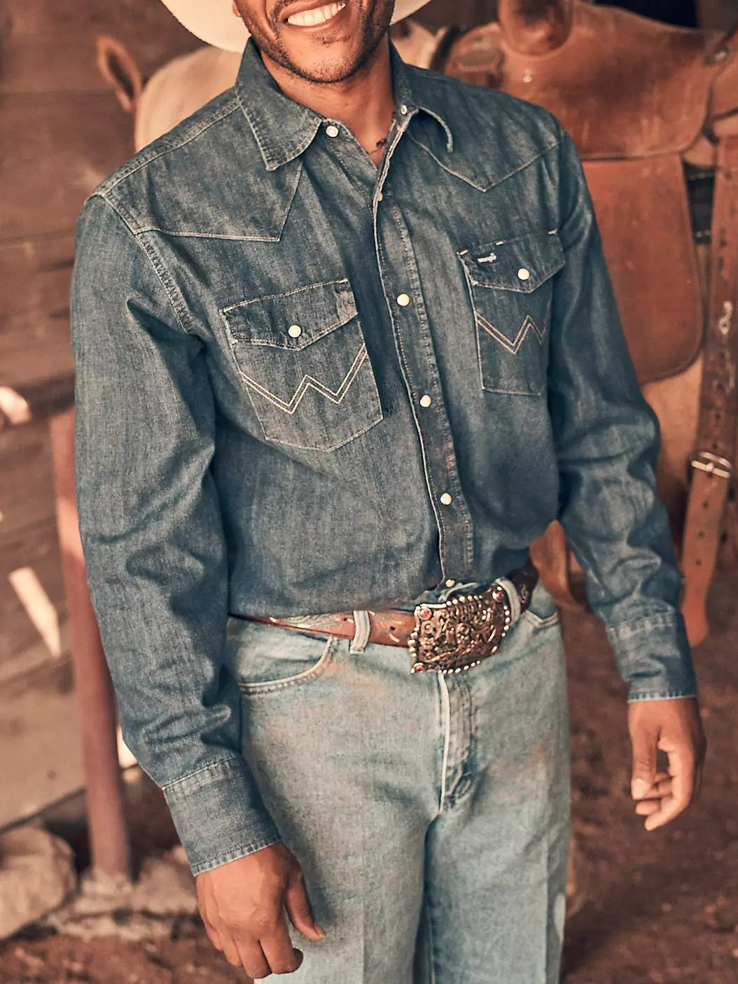 Long Sleeve Western Denim Snap Work Shirt
