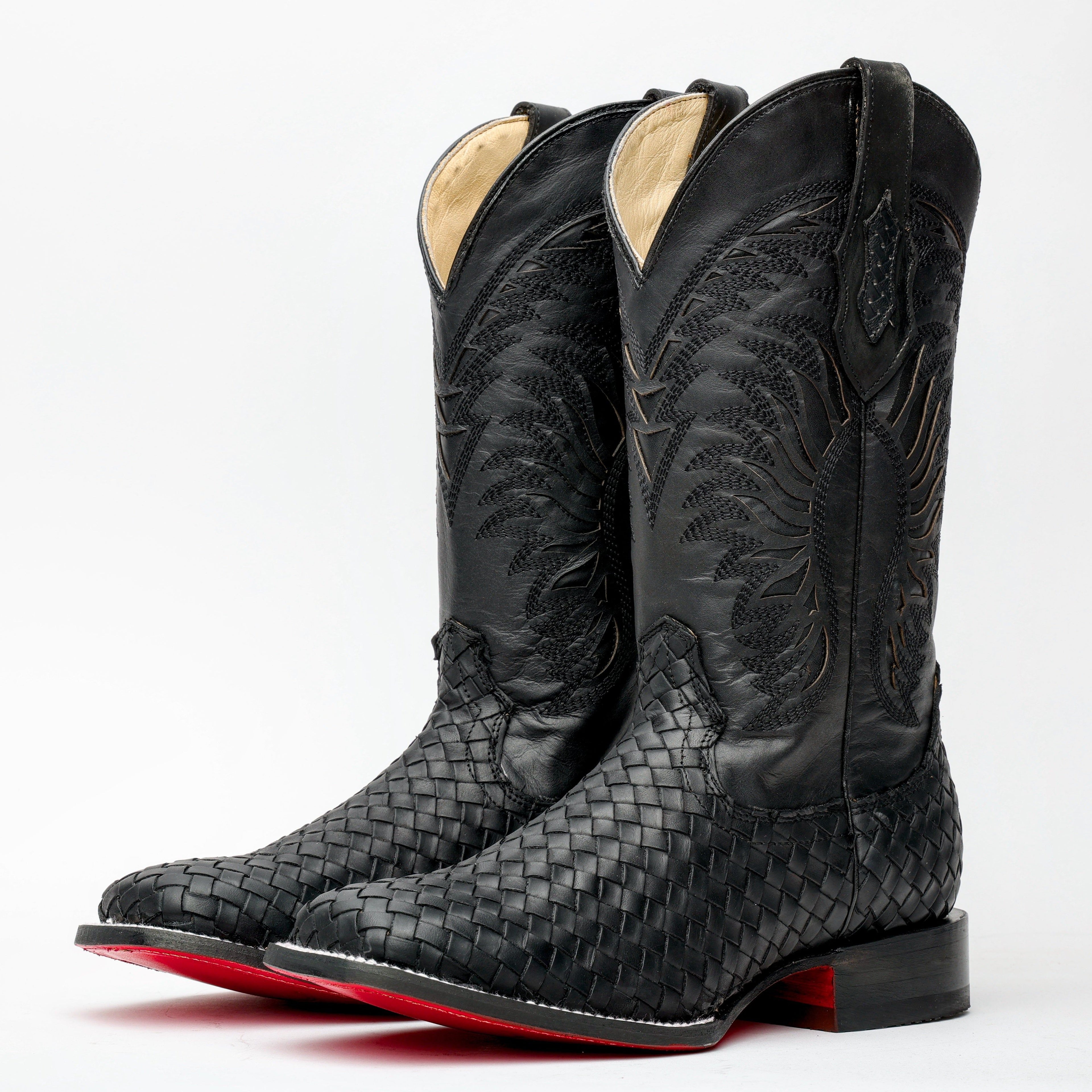Black Basketweave Leather Boots