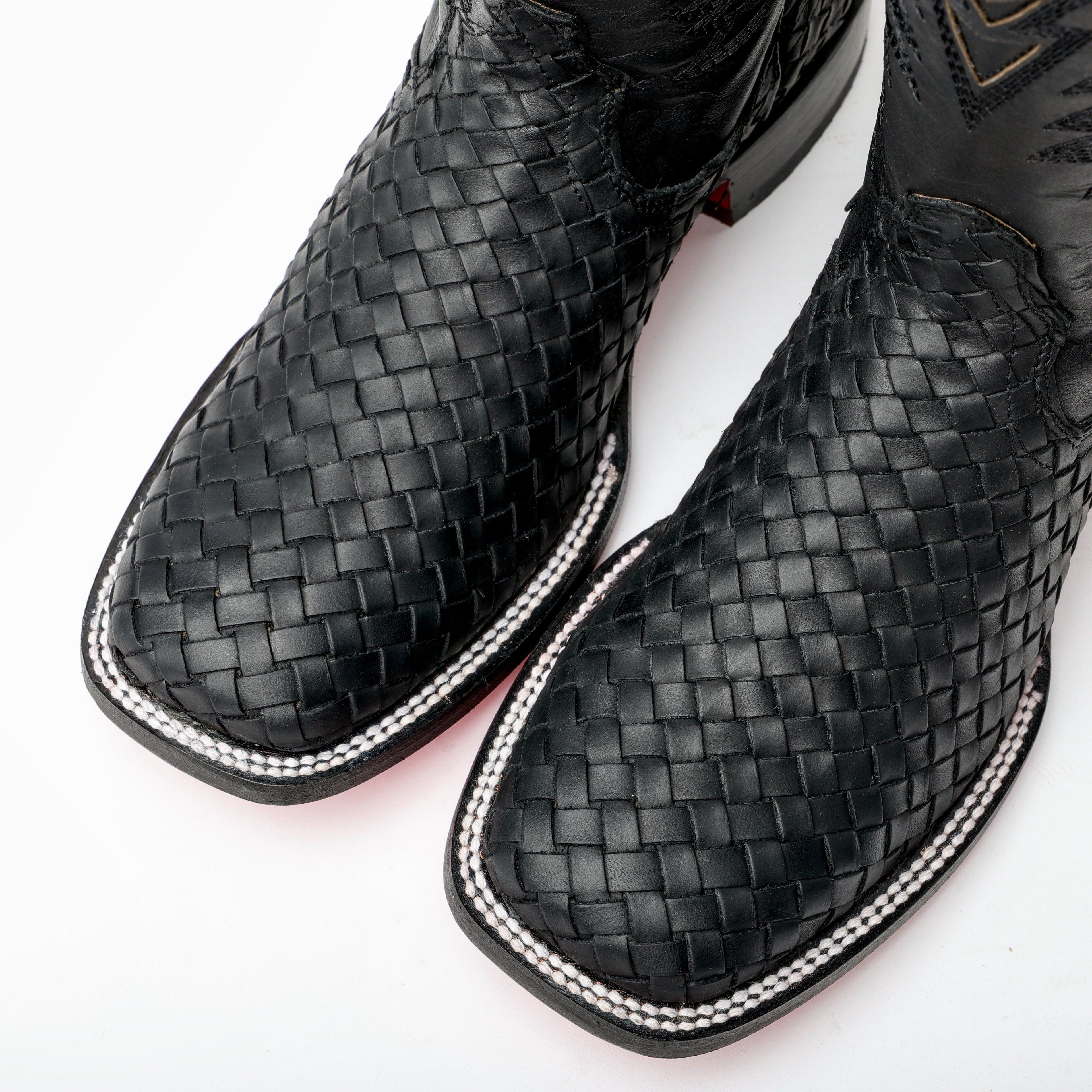 Black Basketweave Leather Boots
