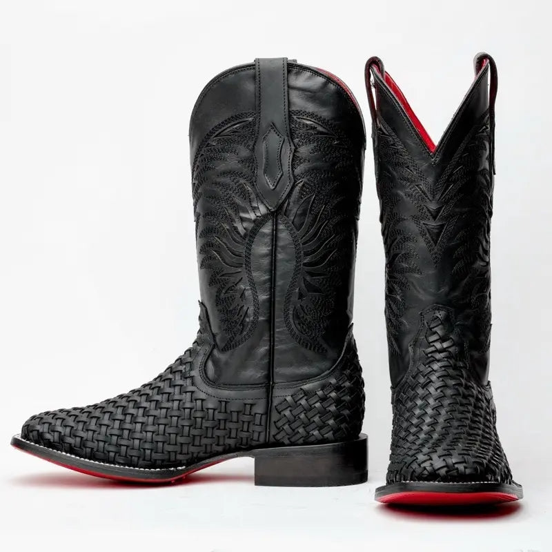 Black Basketweave Leather Boots