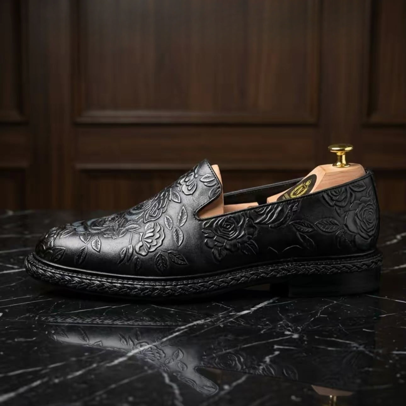Men's Floral Embossed Leather Loafers